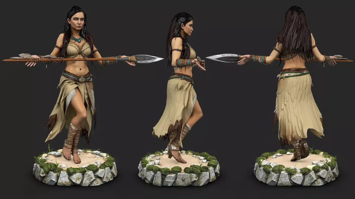 Native american warrior woman with polearm high poly resolution 3D model