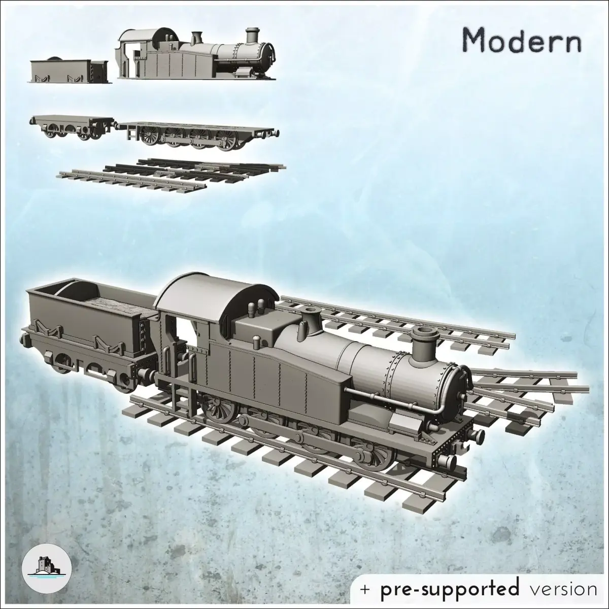 Steam locomotive with coal cars and rail set 4 - Modern WW2 WW1  3D print model