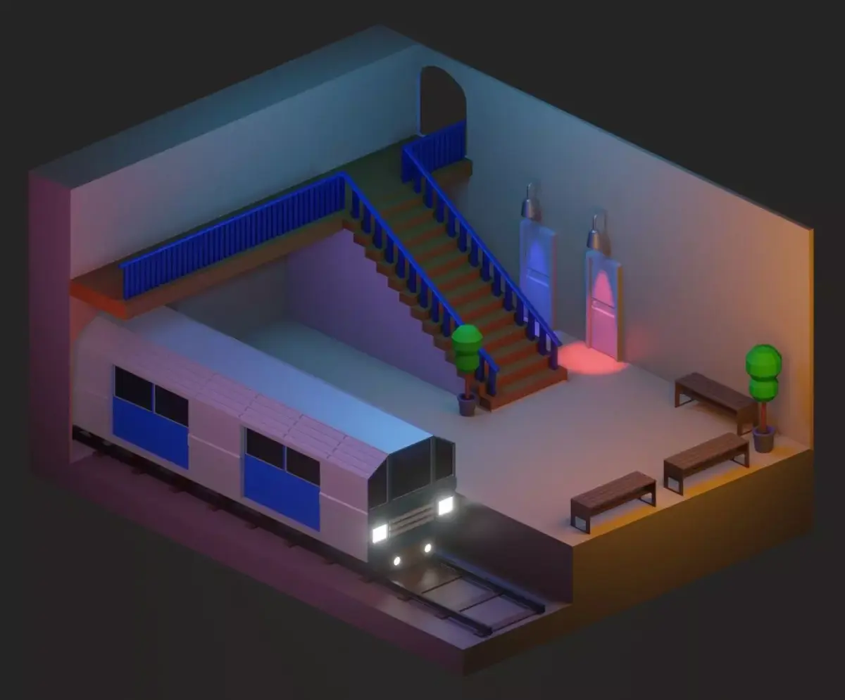low poly isometric train in subway station Low-poly 3D model