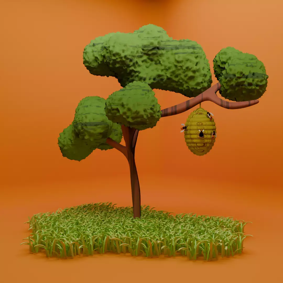 Bee  Tree hive honey on Grass Low-poly 3D model