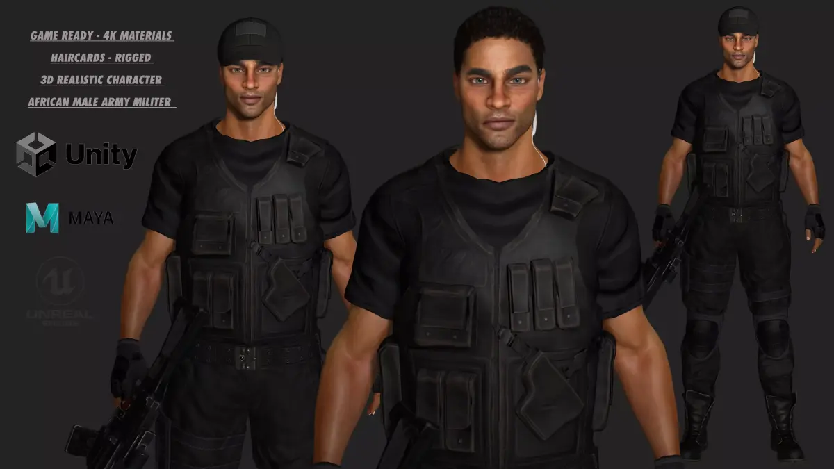 AAA 3D REALISTIC AFRICAN MALE CHARACTER-ARMY MILITARY ACTION WAR Low-poly 3D model
