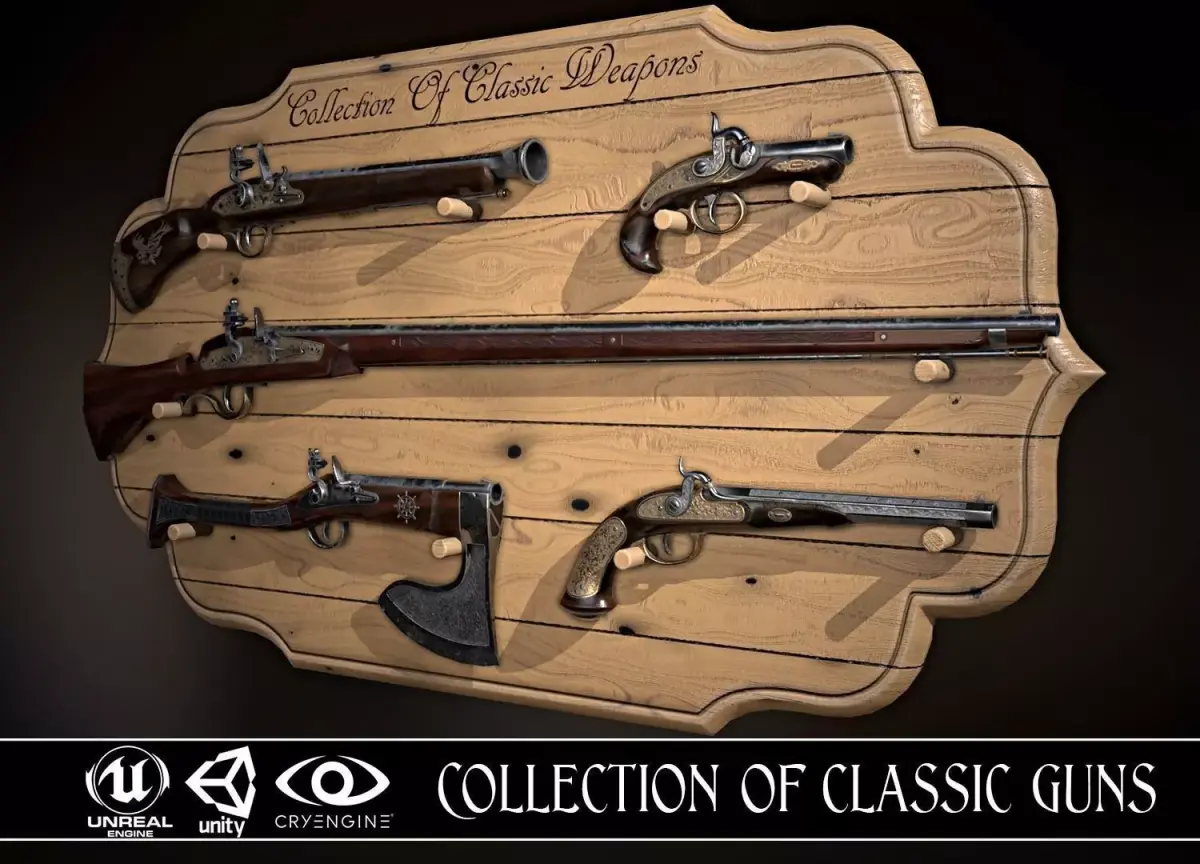 Collection of classic guns Low-poly 3D model