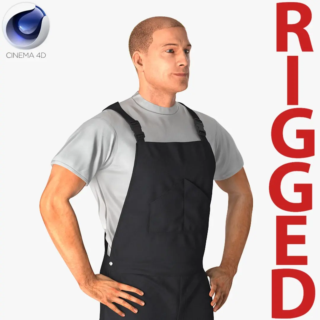 Worker Wearing Black Overalls Suit Rigged for Cinema 4D 3D model
