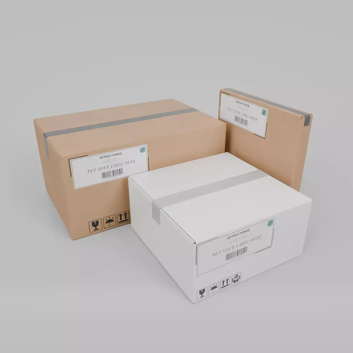 White and Standard Cardboard Box Trio - Rigged and Customizable 3D Model Pack