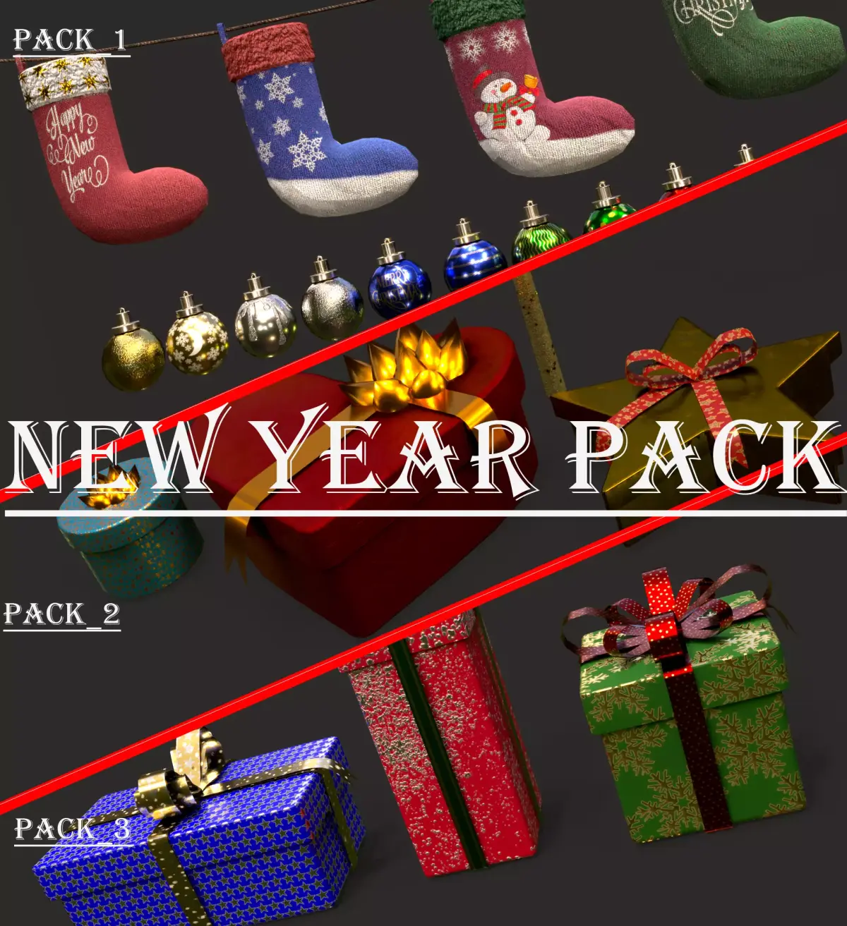 New Year pack of gifts and decorate Free low-poly 3D model