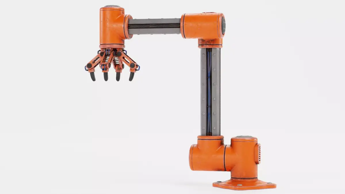 Robotic Arm with 4-Finger Gripper and Worn Finish - V5 Rigged 3D model
