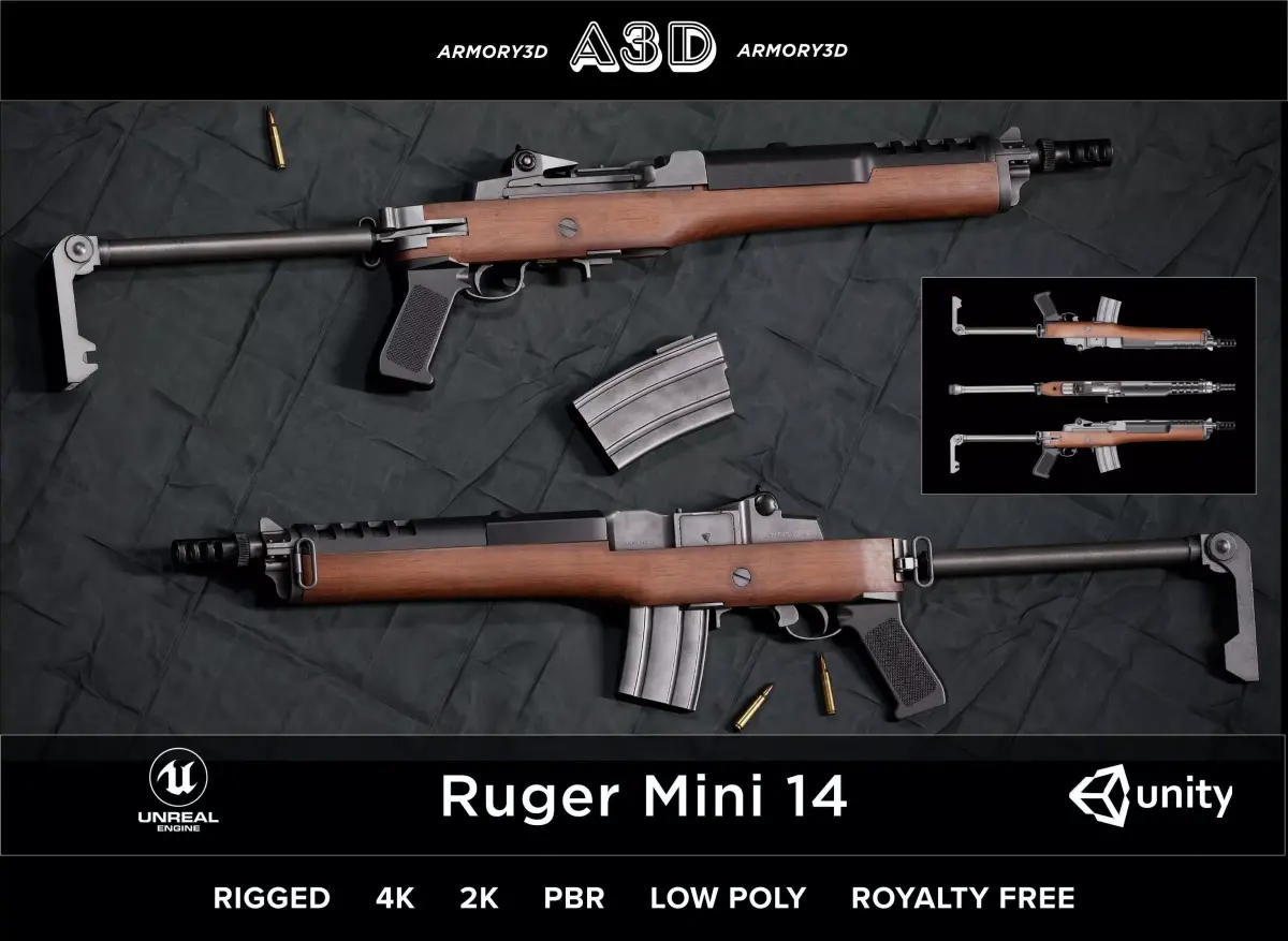 Game Ready Ruger Mini 14 PBR Rigged Low-poly 3D model