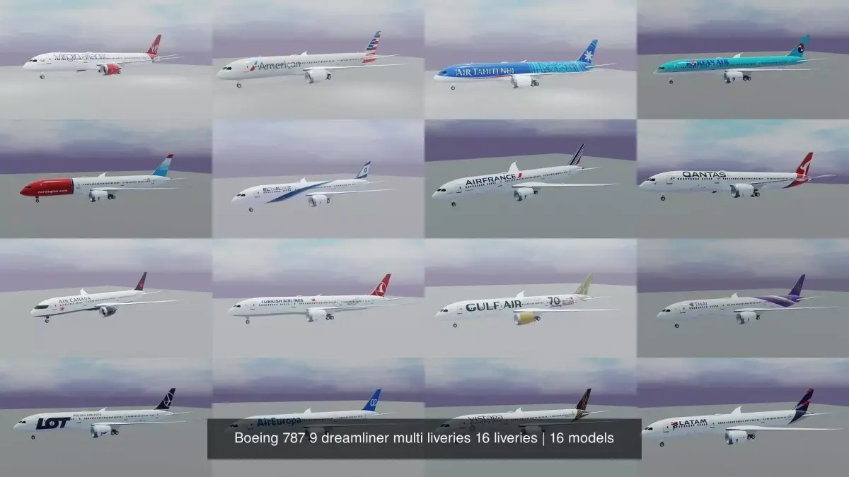 Boeing 787 9 dreamliner multi liveries 16 liveries 3D Model Collection