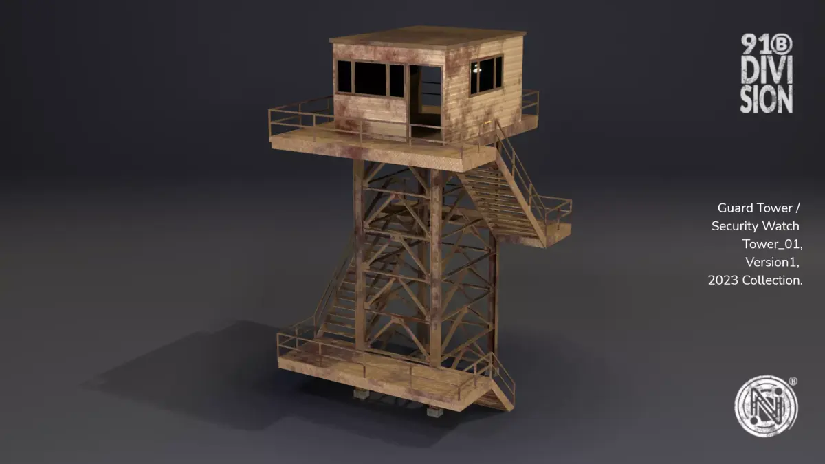 PBR Low Poly Guard Tower Security Watch Tower Cream Rusted Low-poly 3D model
