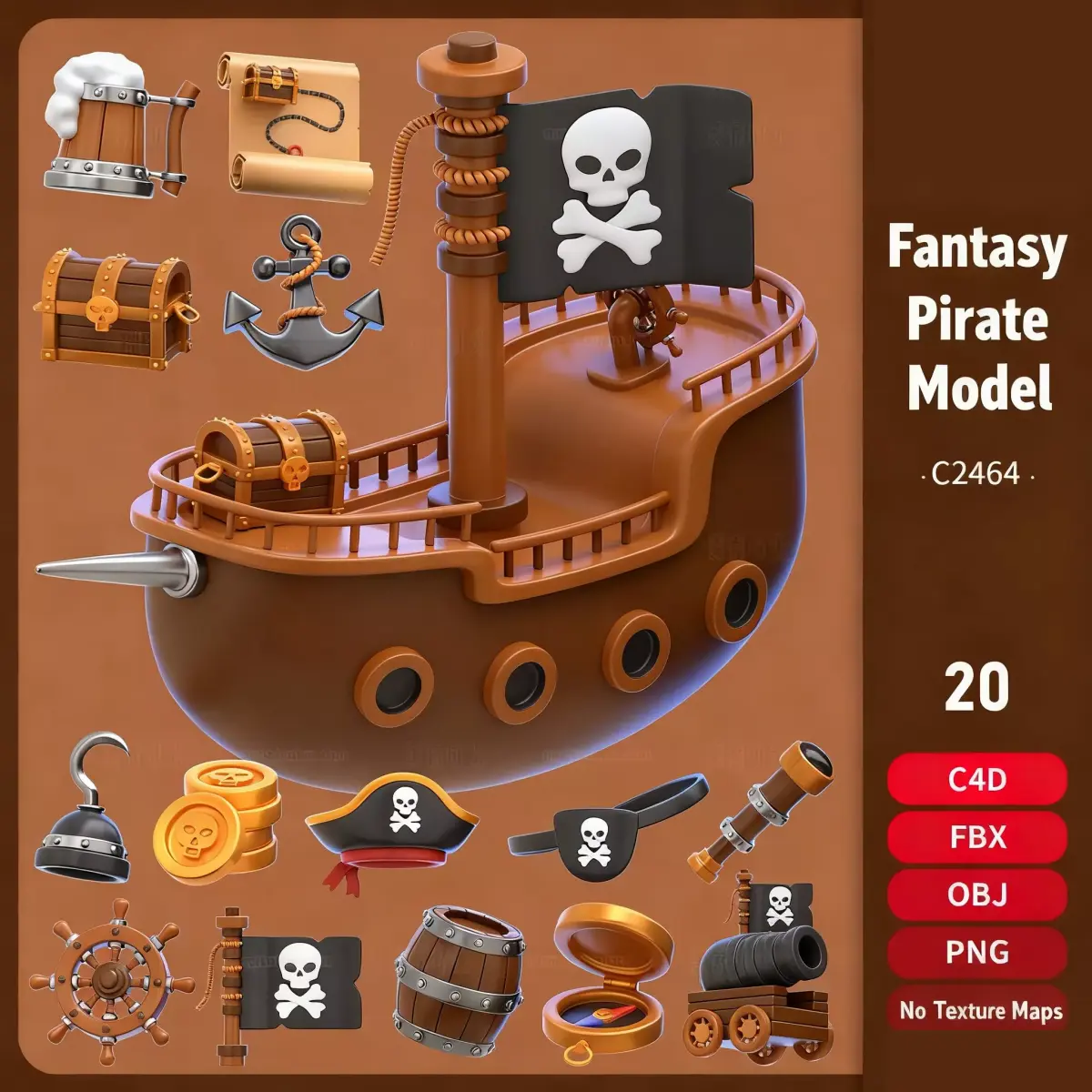 Fantasy Pirate Model with 20 Pirate Elements in C4D FBX OBj 3D model