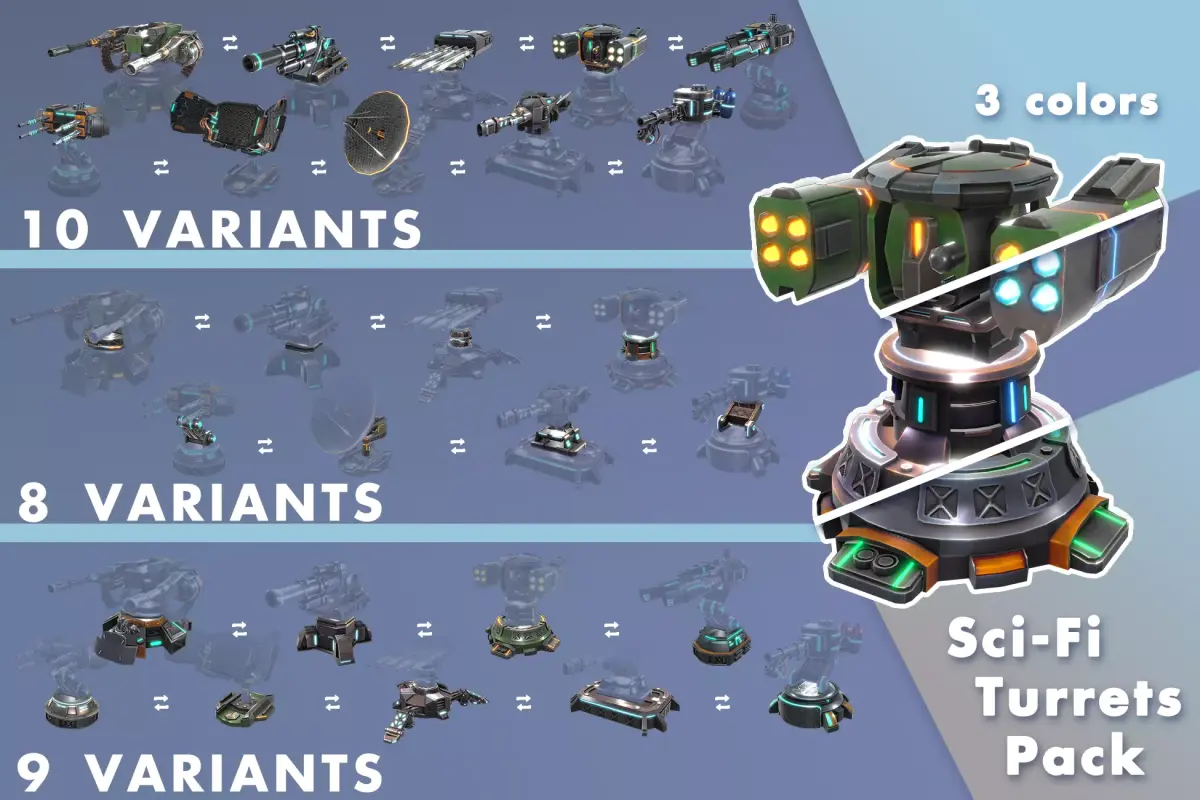 Tower Defence Sci-Fi Turrets Pack Low-poly 3D model