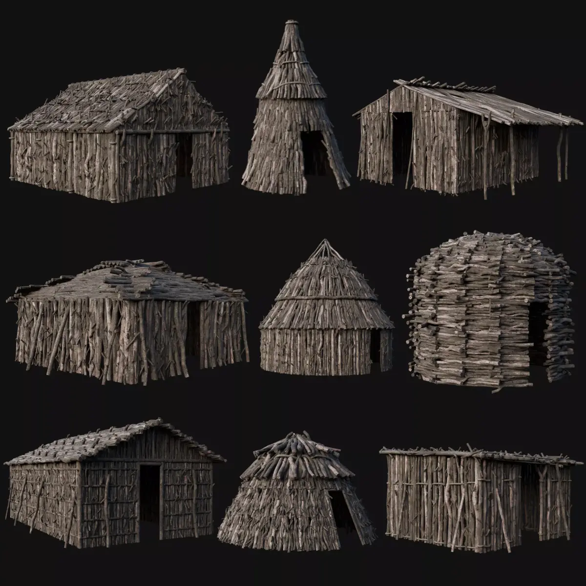 PRIMITIVE STICK HUTS SHELTER COTTAGE HOUSE PRIMAL COLLECTION AAA Low-poly 3D model