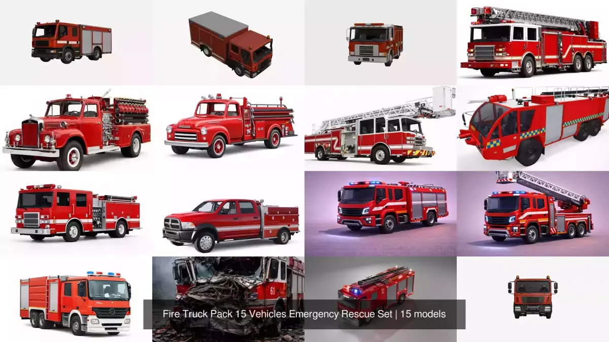 Fire Truck Pack 15 Vehicles Emergency Rescue Set