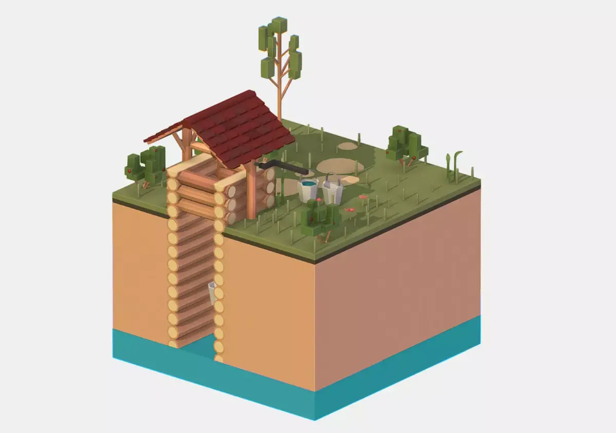Isometric European Village Well Draw-Well Low-poly 3D model