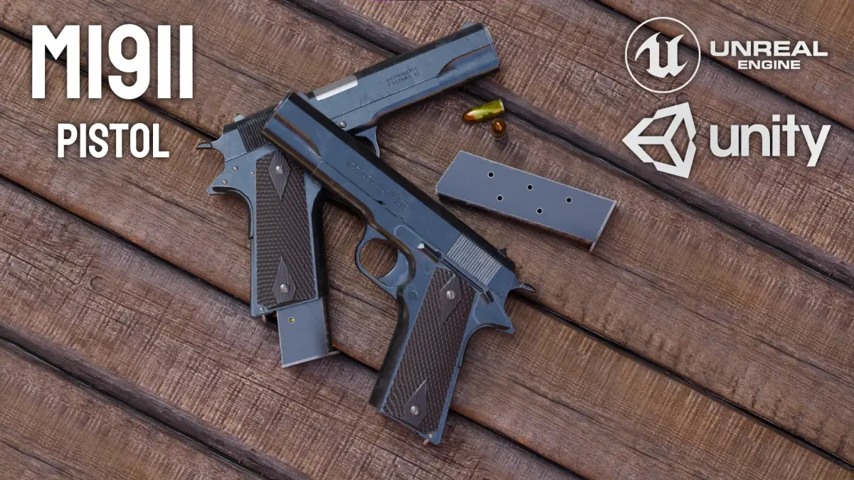 M1911 Pistol - Game Ready - PBR Textured - Rigged Low-poly 3D model