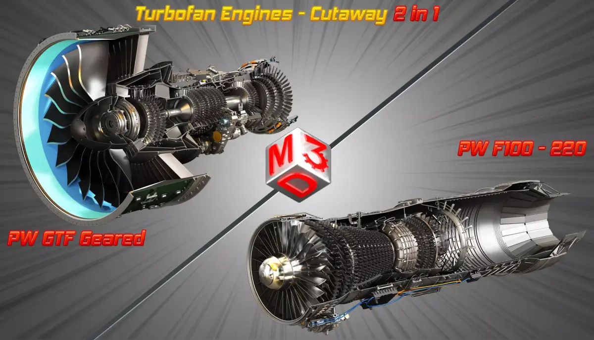 PW GTF Geared - PW F100 - 220 -Turbofan Engines - Cutaway 2 in 1 3D Model Pack