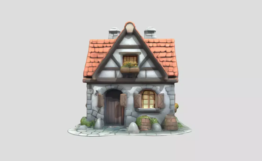 Wood and Stone House 3D Model PBR Textured Game Ready Low-poly 3D model