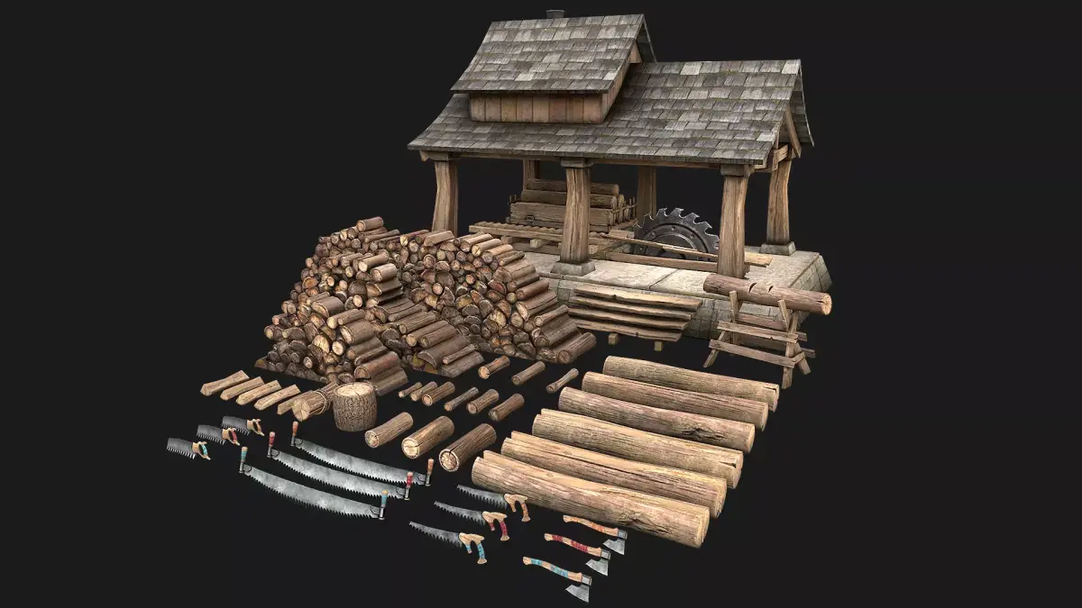 Sawmill and Lumberjack Set Low-poly 3D model