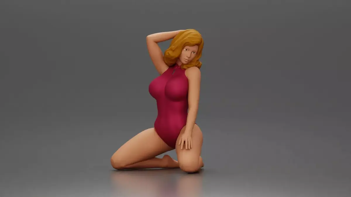 Woman in swimsuit posing gracefully on her knees on the beach 3D print model