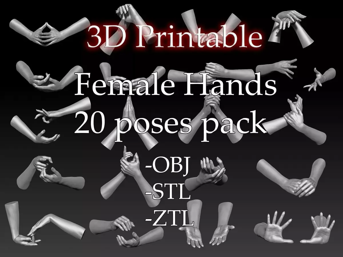 3D Printable Female Hands 20 poses pack 3D model