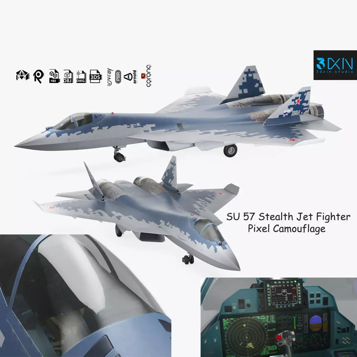 SU 57 Stealth Jet Fighter Pixel Camouflage 3D model