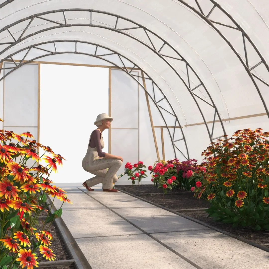 Flowers Greenhouse Tent with Gardener 3D model