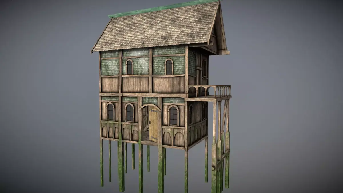 Medieval Lake Village - House 2 with interiors Low-poly 3D model