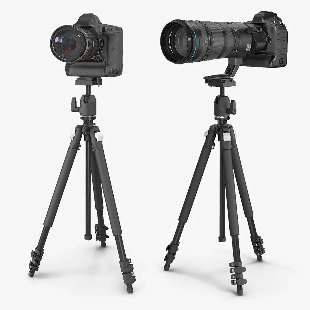 DSLR Cameras with Zoom on Tripod Collection 3D model