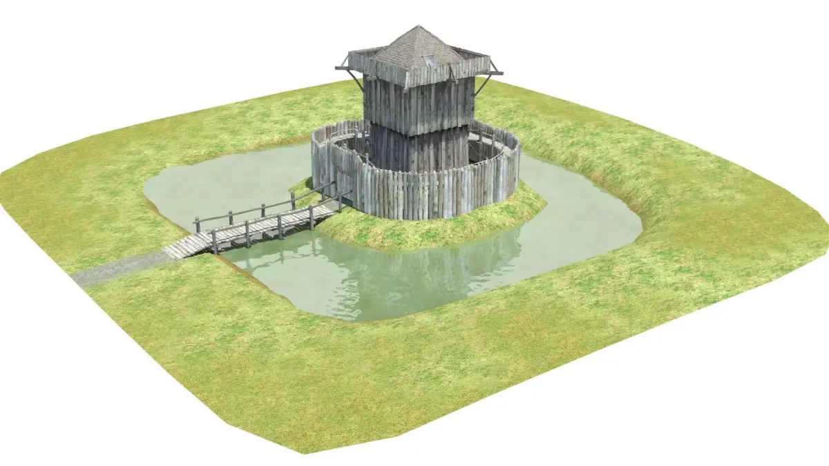Medieval wooden motte castle with keep and ditch Low-poly 3D model