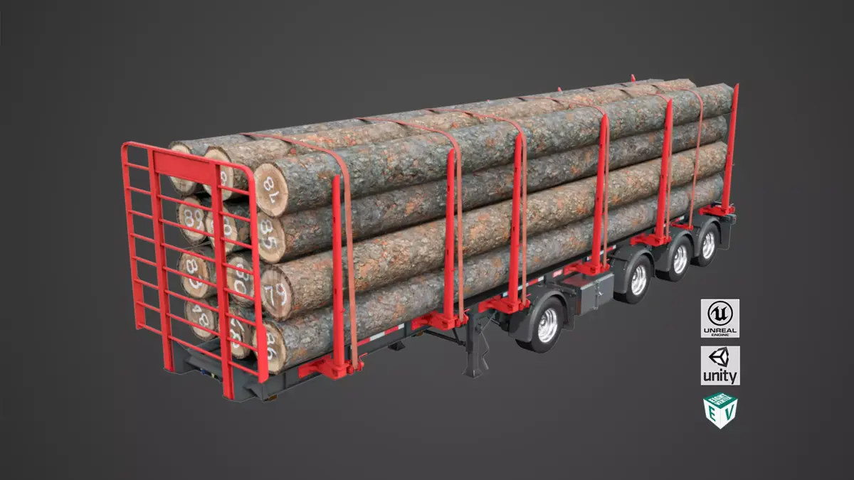 Logging Trailer 01 Red with Load Single Mat All PBR Textures Low-poly 3D model