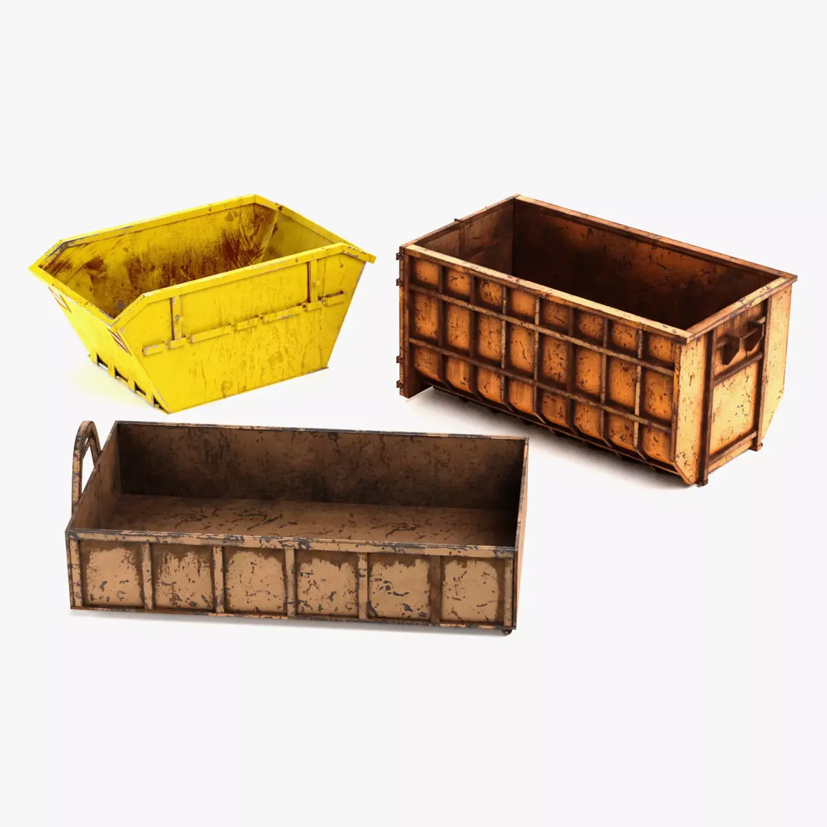 3 Skips Set - Worn Industrial Waste Containers 3D model