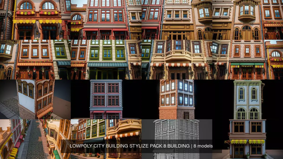 LOWPOLY CITY BUILDING STYLIZE PACK 8 BUILDING 3D Model Collection