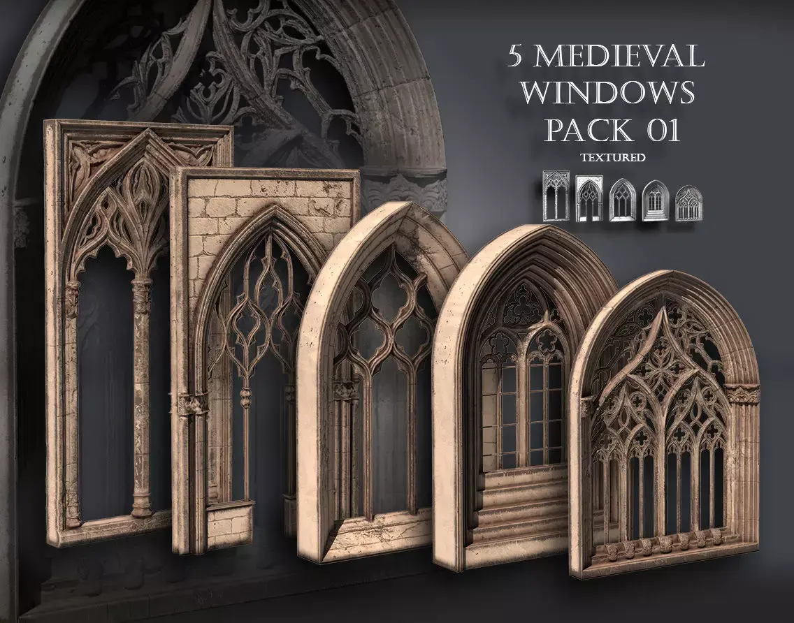 05 Medieval Textured windows pack 01 Low-poly 3D model