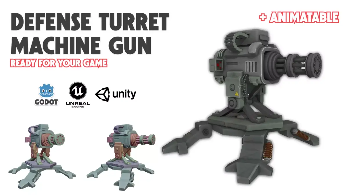 3D Defense Turret Machine Gun Animatable with Multi-Parts Low-poly 3D model