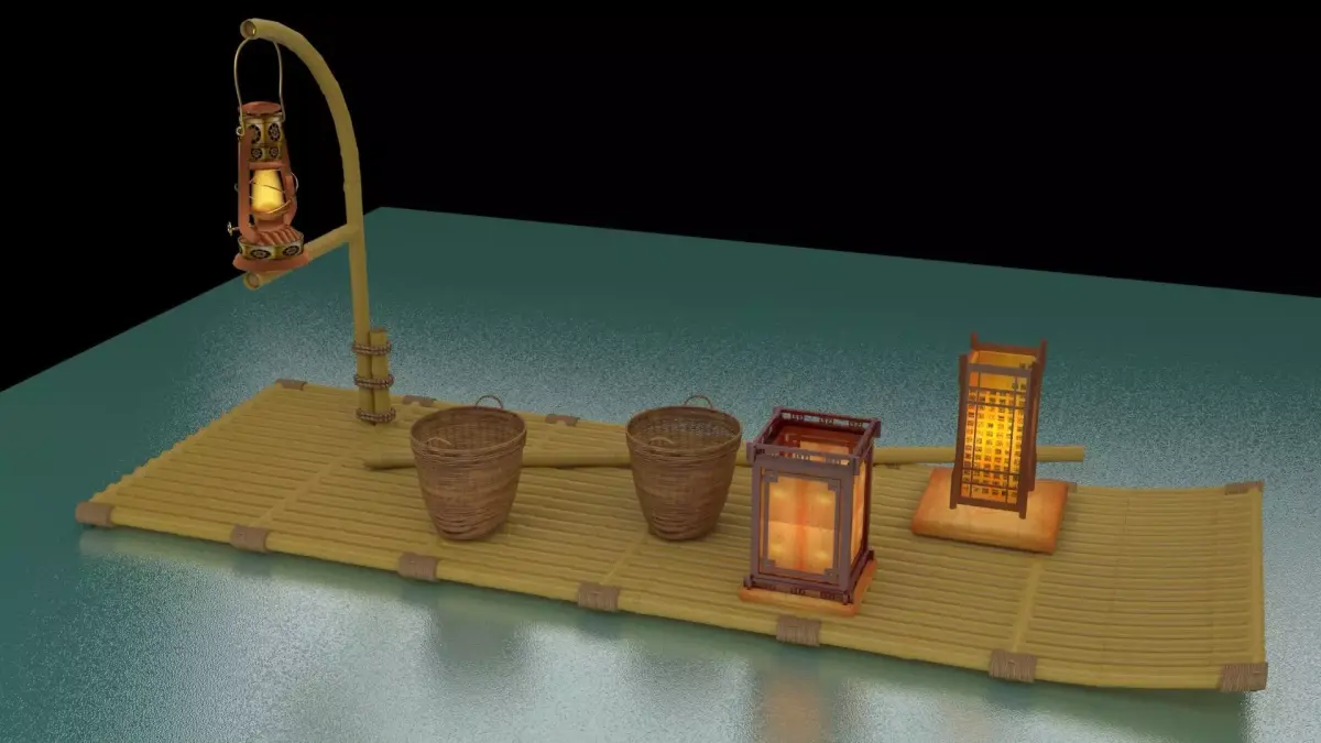 Chinese fishing raft wirh oil lantern  3D model