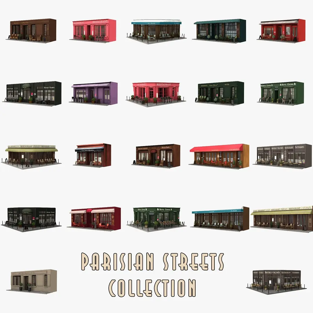 Collection of 22 typical Parisian restaurant hotel facade 3D model
