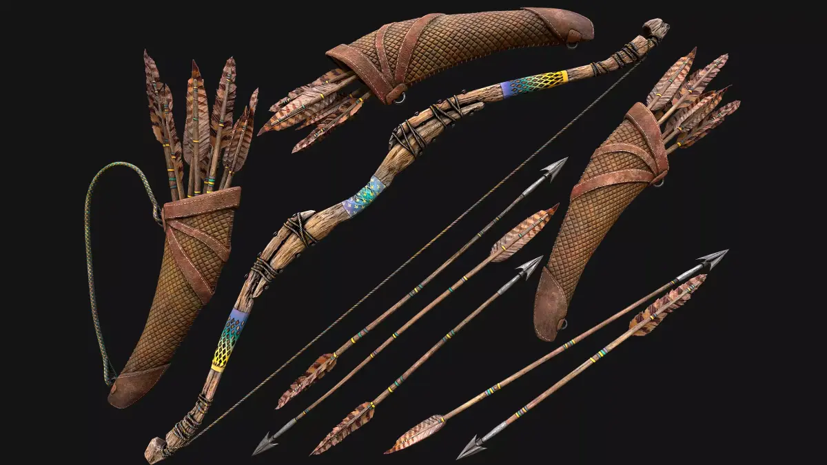 Wooden Bow and Quiver Tournament  Weapons Low-poly 3D model