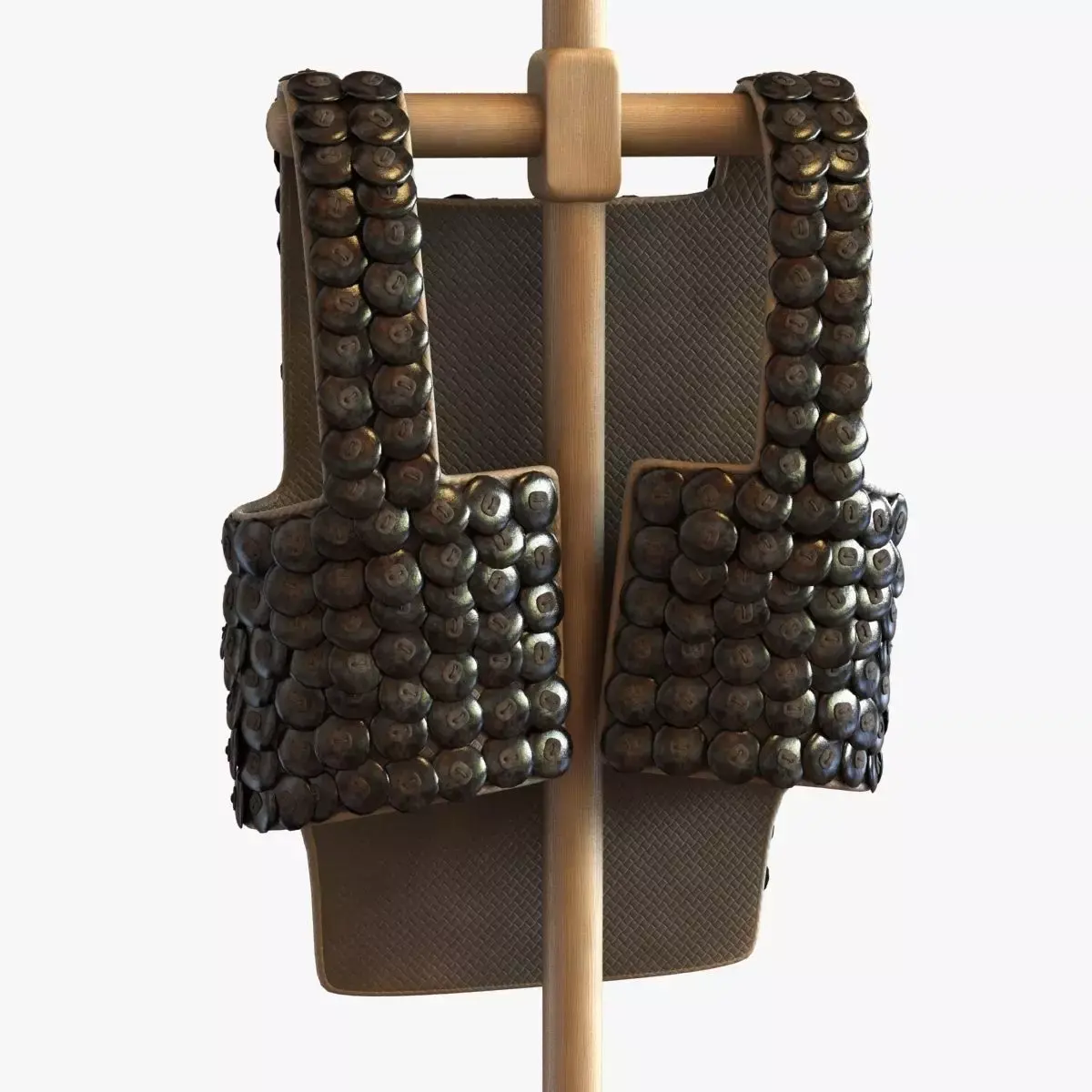 Old scale body armor on wood hanger 3D model