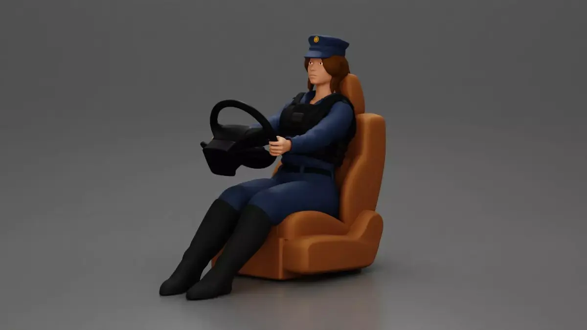 Focused officer in uniform driving seated holding steering wheel 3D print model