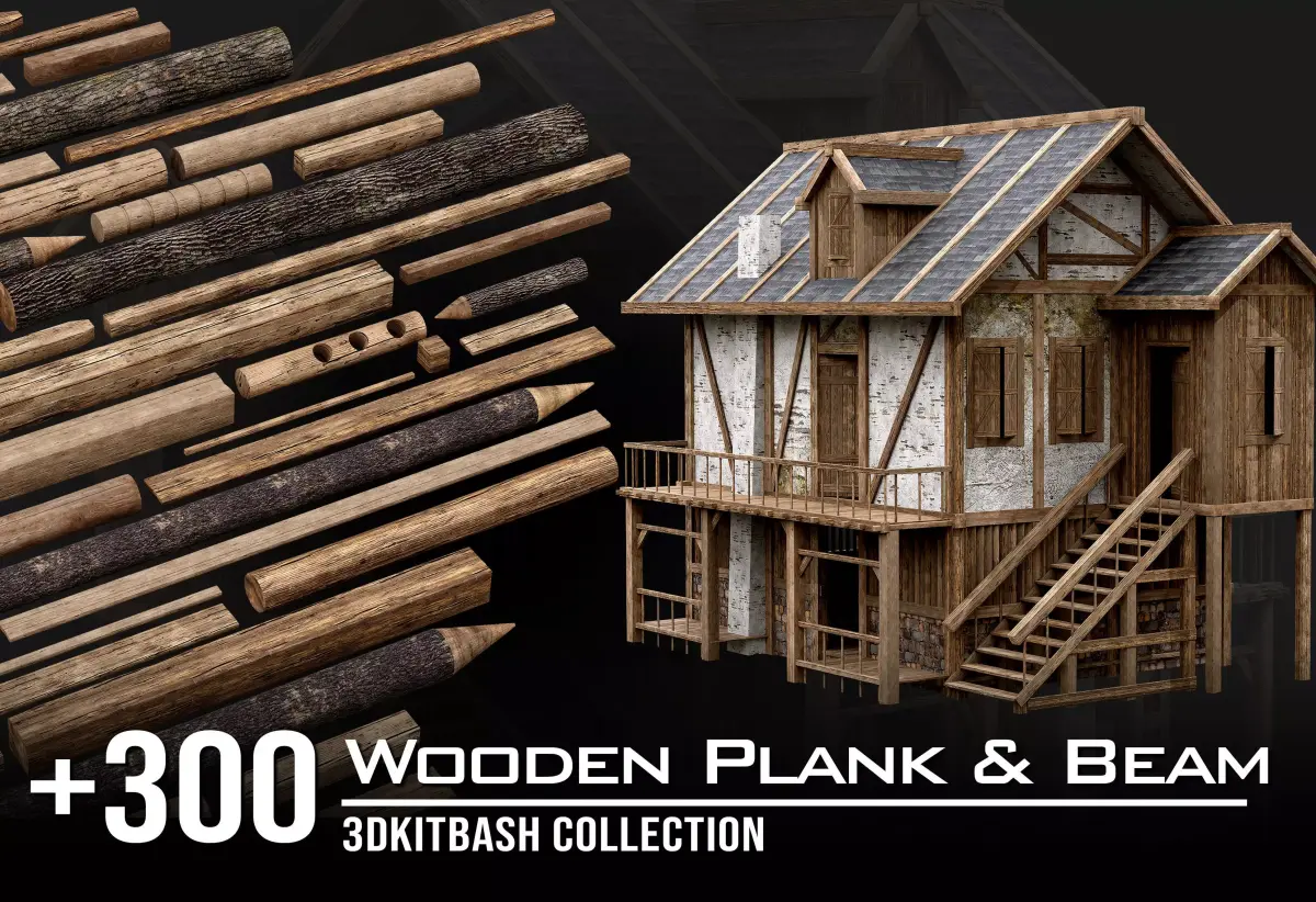 Wooden Plank and Beam collection Medieval 3D Asset Pack Low-poly 3D model