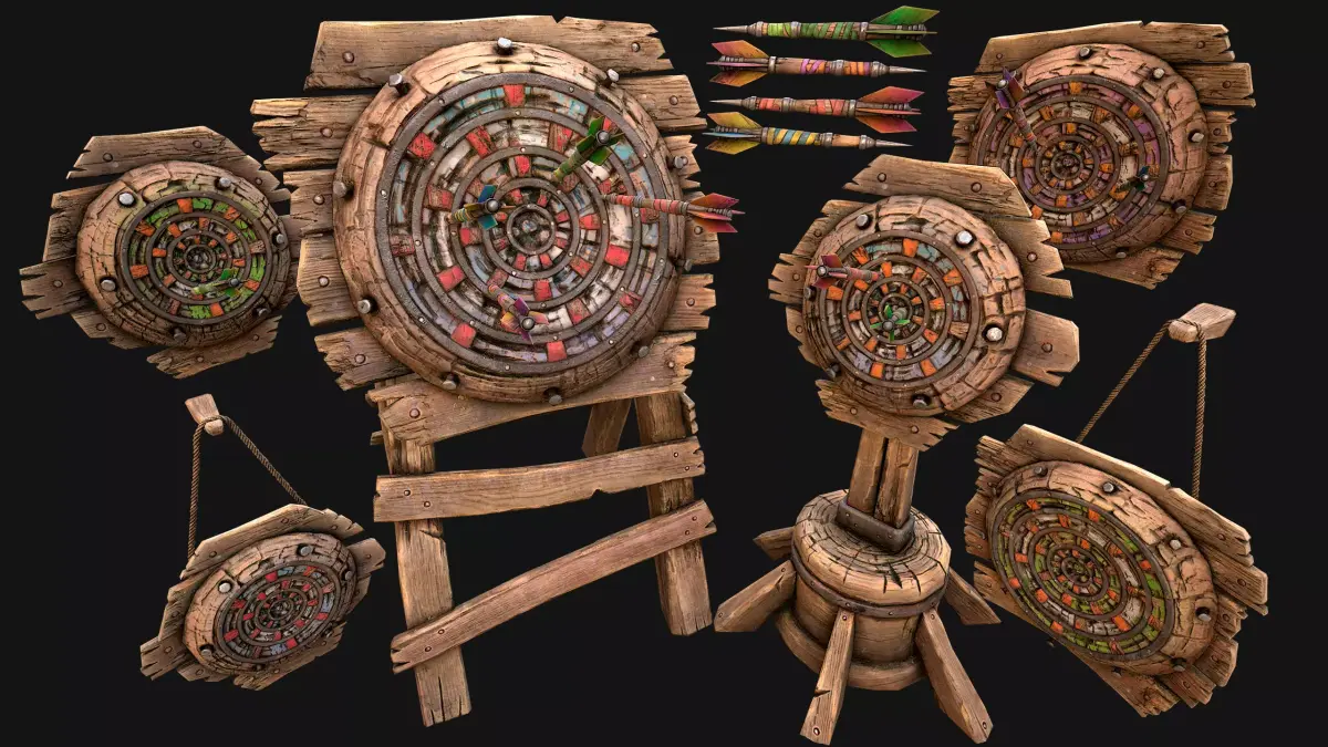 Darts and Dart Board Shooting Range Target Set Low-poly 3D model