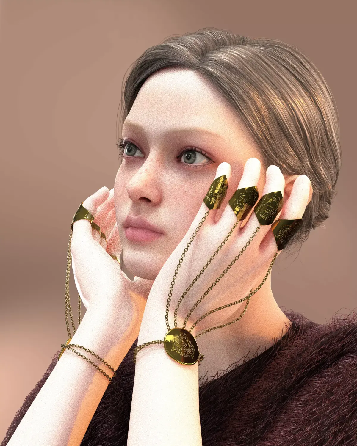 Tiger Embossed Metal Rings and Bracelet 3D model