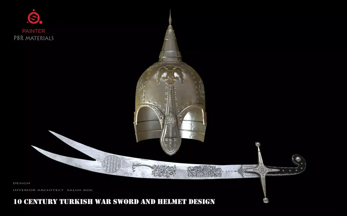  10 century Turkish war sword and helmet 3D model