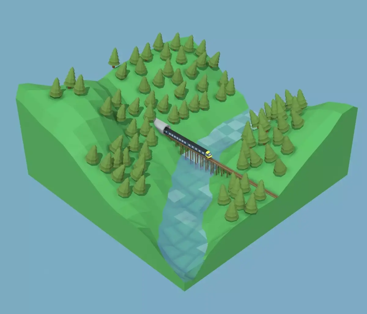 Train On Bridge Low Poly Scene Low-poly 3D model