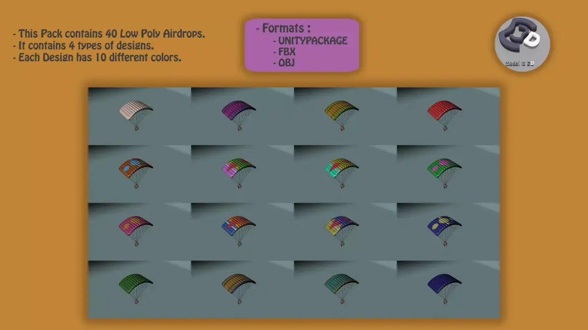 Airdrops parachute flying in sky 3D model