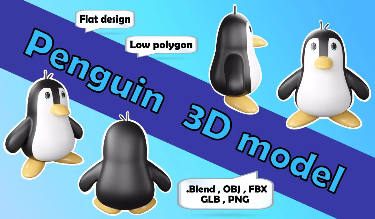 Cute penguin 3D model flat design  Low-poly 3D model