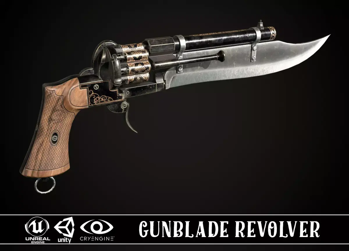 Gunblade Revolver Dark Low-poly 3D model