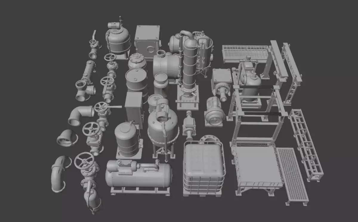 Chemical plant inspired machinery pack Low-poly 3D model
