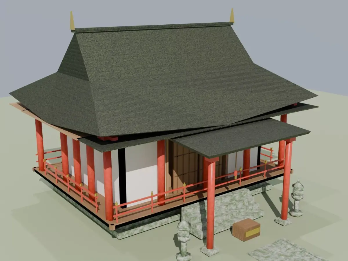 Japanese Buddhist Temple Hondo Low Poly 3D Model  Low-poly 3D model