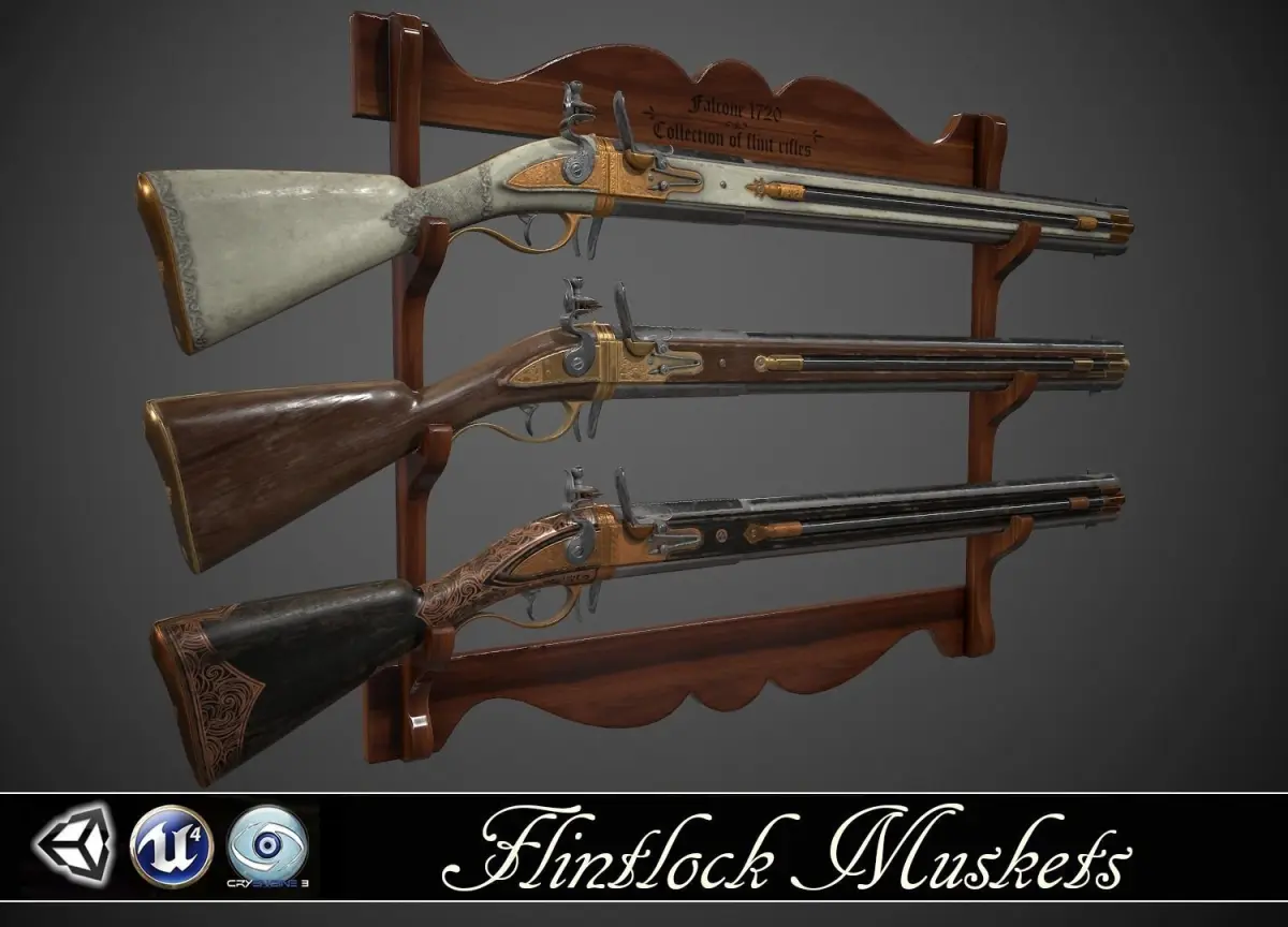 Double-barreled Flintlock Rifle - 3 skins Low-poly 3D model